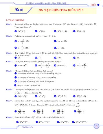 10 Đề ôn tập kiểm tra giữa kì 1 môn Toán Lớp 11 - Năm học 2021-2022