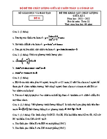 10 Đề thi chất lượng giữa kì 1 môn Toán Lớp 11 - Năm học 2021-2022 (Có đáp án)