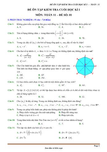 12 Đề ôn tập và kiểm tra cuối học kì 1 môn Toán Lớp 11 (Có đáp án)