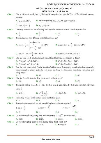 12 Đề trắc nghiệm ôn tập và kiểm tra cuối học kì 1 môn Toán Lớp 11 (Có đáp án)