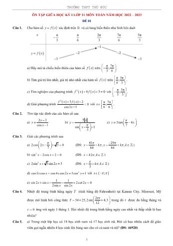 7 Đề ôn tập giữa học kì 1 môn Toán Lớp 11 - Năm học 2022-2023 - Trường THPT Thủ Đức