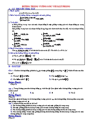 Bài tập trắc nghiệm ôn tập Hình học Lớp 11 - Đường thẳng vuông góc với mặt phẳng (Có hướng dẫn giải)