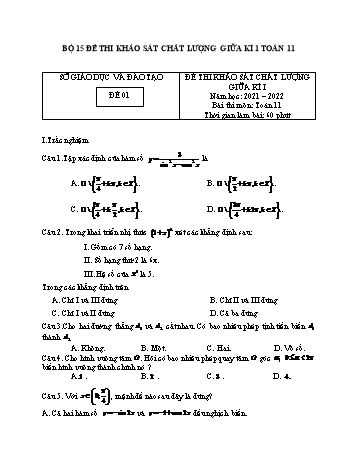 Bộ 15 đề thi khảo sát chất lượng giữa kì 1 môn Toán Lớp 11 - Năm học 2021-2022