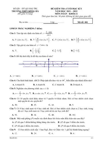 Đề kiểm tra cuối học kì 1 môn Toán Lớp 11 - Mã đề 001 - Năm học 2021-2022 - Trường THPT Đông Hà (Có đáp án)