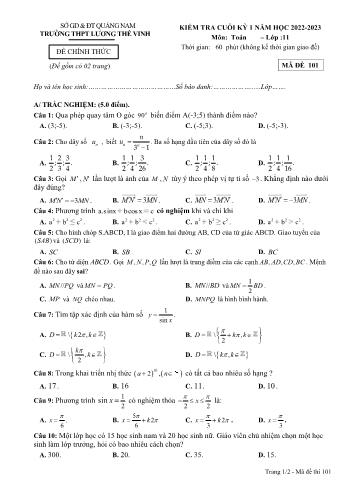 Đề kiểm tra cuối học kì 1 môn Toán Lớp 11 - Mã đề 101 - Năm học 2022-2023 - Trường THPT Lương Thế Vinh (Có đáp án)