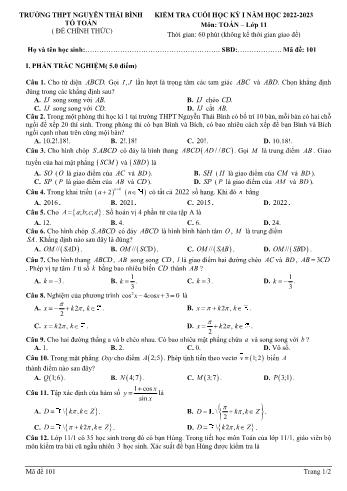 Đề kiểm tra cuối học kì 1 môn Toán Lớp 11 - Mã đề 101 - Năm học 2022-2023 - Trường THPT Nguyễn Thái Bình (Có đáp án)