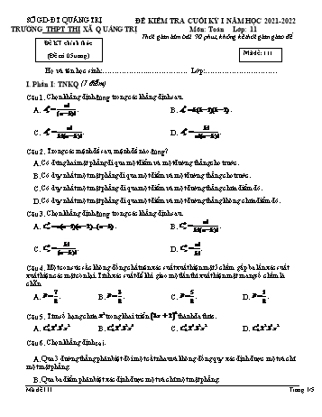 Đề kiểm tra cuối học kì 1 môn Toán Lớp 11 - Mã đề 111 - Năm học 2021-2022 - Trường THPT Thị xã Quảng Trị