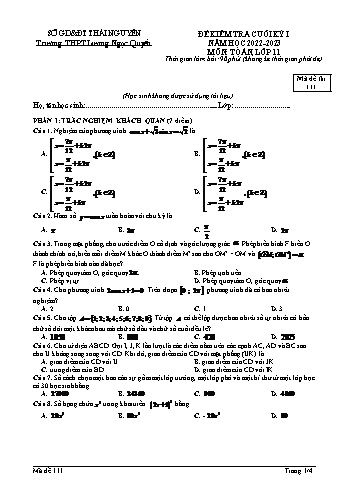 Đề kiểm tra cuối học kì 1 môn Toán Lớp 11 - Mã đề 111 - Năm học 2022-2023 - Trường THPT Lương Ngọc Quyến