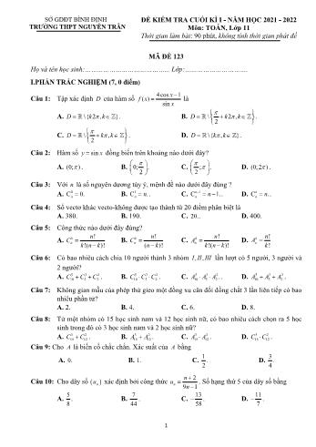 Đề kiểm tra cuối học kì 1 môn Toán Lớp 11 - Mã đề 123 - Năm học 2021-2022 - Trường THPT Nguyễn Trân (Có đáp án)