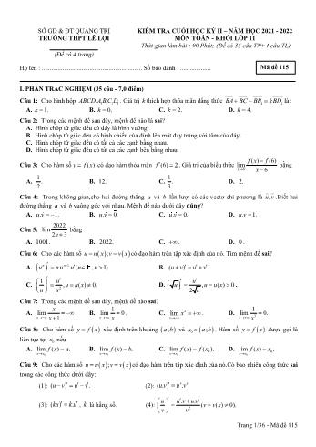 Đề kiểm tra cuối học kì 1 môn Toán Lớp 11 - Năm học 2021-2022 - Trường THPT Lê Lợi (Có đáp án)