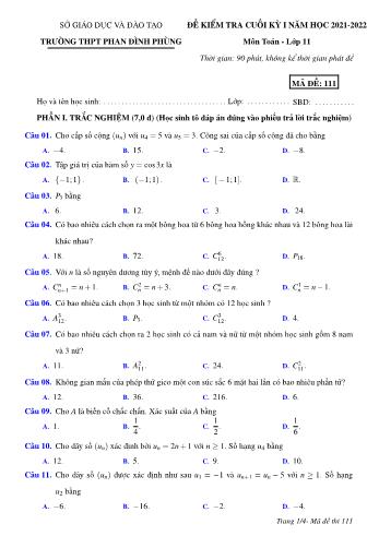 Đề kiểm tra cuối học kì 1 môn Toán Lớp 11 - Năm học 2021-2022 - Trường THPT Phan Đình Phùng (Có đáp án)