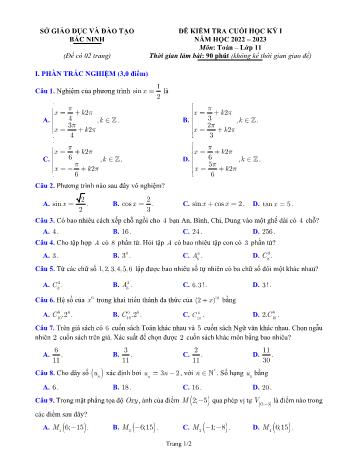 Đề kiểm tra cuối học kì 1 môn Toán Lớp 11 - Năm học 2022-2023 - Sở giáo dục và đào tạo Bắc Ninh (Có đáp án)