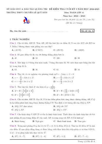 Đề kiểm tra cuối học kì 1 môn Toán Lớp 11 - Năm học 2022-2023 - Trường THPT chuyên Lê Quý Đôn (Có đáp án)