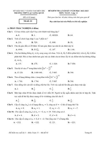 Đề kiểm tra cuối học kì 1 môn Toán Lớp 11 - Năm học 2022-2023 - Trường THPT Lạc Long Quân (Có đáp án)