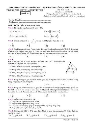 Đề kiểm tra cuối học kì 1 môn Toán Lớp 11 - Năm học 2022-2023 - Trường THPT chuyên Lương Thế Vinh (Có đáp án)