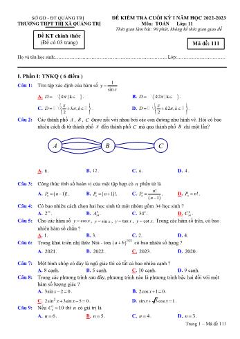 Đề kiểm tra cuối học kì 1 môn Toán Lớp 11 - Năm học 2022-2023 - Trường THPT Thị xã Quảng Trị (Có đáp án)
