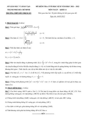 Đề kiểm tra cuối học kì 2 môn Toán Khối 11 - Năm học 2021-2022 - Trường THPT Bùi Thị Xuân