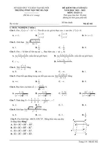 Đề kiểm tra cuối học kì 2 môn Toán Lớp 11 - Mã đề 102 - Năm học 2021-2022 - Trường PTDT Nội trú Hà Nội