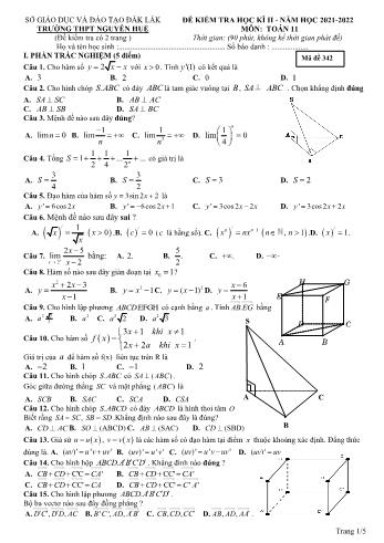 Đề kiểm tra cuối học kì 2 môn Toán Lớp 11 - Mã đề 342 - Năm học 2021-2022 - Trường THPT Nguyễn Huệ (Có đáp án)
