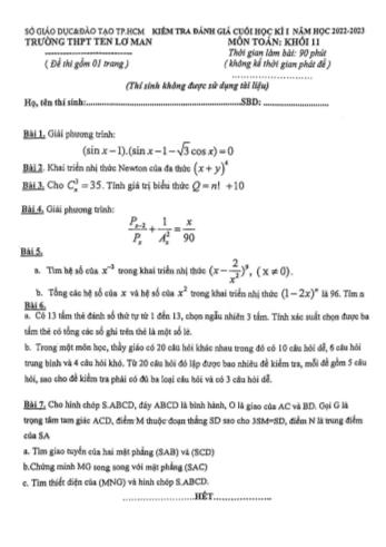 Đề kiểm tra đánh giá cuối học kì 1 môn Toán Lớp 11 - Năm học 2022-2023 - Trường THPT Ten Lơ Man