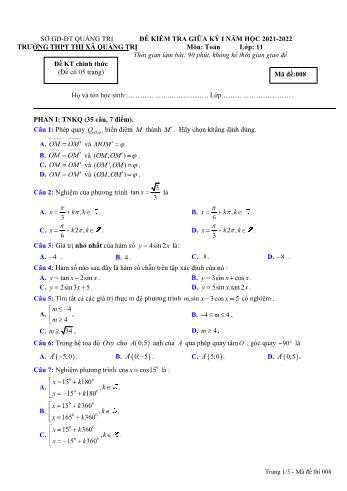 Đề kiểm tra giữa học kì 1 môn Toán Lớp 11 - Mã đề 008 - Năm học 2021-2022 - Trường THPT Thị xã Quảng Trị (Có đáp án)