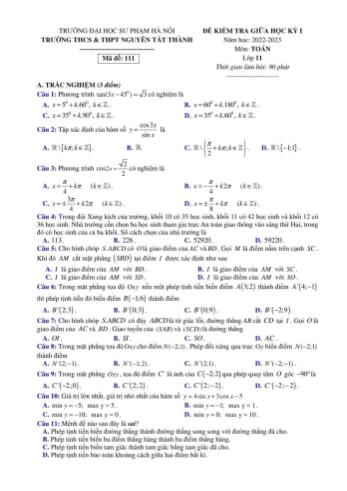 Đề kiểm tra giữa học kì 1 môn Toán Lớp 11 - Mã đề 111 - Năm học 2022-2023 - Trường THCS&THPT Nguyễn Tất Thành