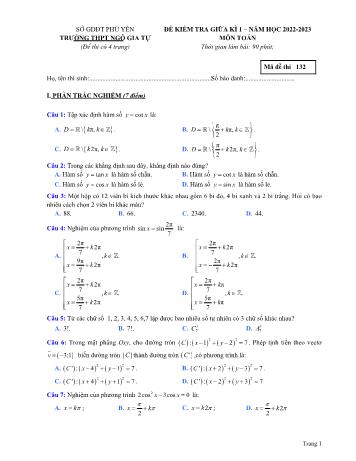 Đề kiểm tra giữa học kì 1 môn Toán Lớp 11 - Mã đề 132 - Năm học 2022-2023 - Trường THPT Ngô Gia Tự (Có đáp án)