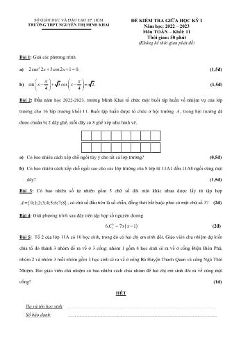 Đề kiểm tra giữa học kì 1 môn Toán Lớp 11 - Mã đề 132 - Năm học 2022-2023 - Trường THPT Nguyễn Thị Minh Khai (Có đáp án)