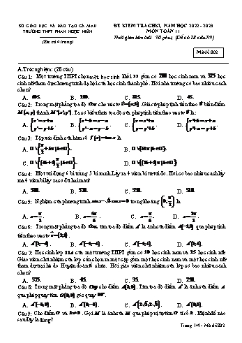 Đề kiểm tra giữa học kì 1 môn Toán Lớp 11 - Mã đề 802 - Năm học 2022-2023 - Trường THPT Phan Ngọc Hiển (Có đáp án)