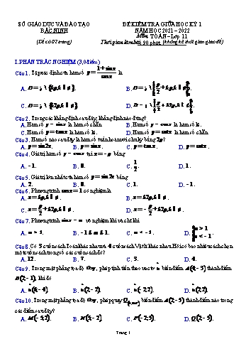 Đề kiểm tra giữa học kì 1 môn Toán Lớp 11 - Năm học 2021-2022 - Sở GD&ĐT Bắc Ninh (Có đáp án)