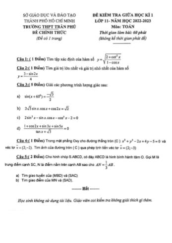 Đề kiểm tra giữa học kì 1 môn Toán Lớp 11 - Năm học 2022-2023 - Trường THPT Trần Phú