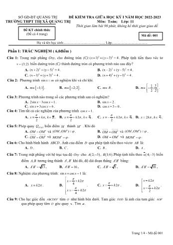 Đề kiểm tra giữa học kì 1 môn Toán Lớp 11 - Năm học 2022-2023 - Trường THPT Thị xã Quảng Trị (Có đáp án)