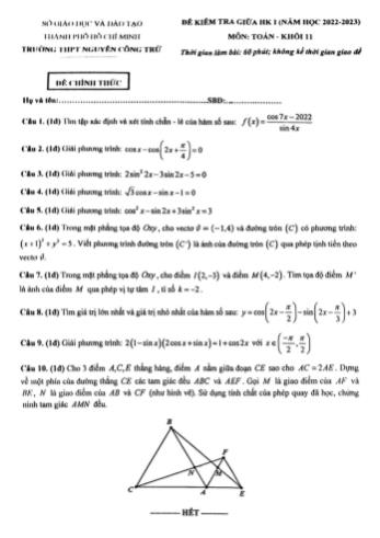 Đề kiểm tra giữa học kì 1 môn Toán Lớp 11 - Năm học 2022-2023 - Trường THPT Nguyễn Công Trứ