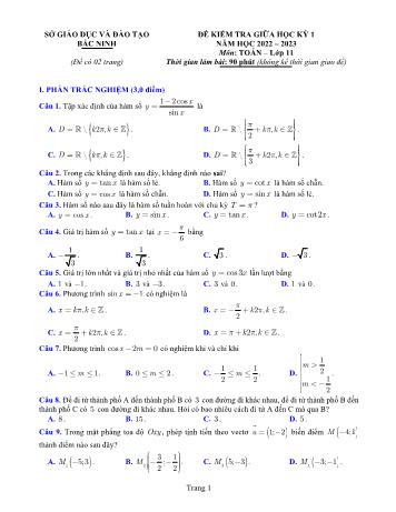 Đề kiểm tra giữa học kì 1 môn Toán Lớp 11 - Năm học 2022-2023 - Sở giáo dục và đào tạo Bắc Ninh (Có đáp án)
