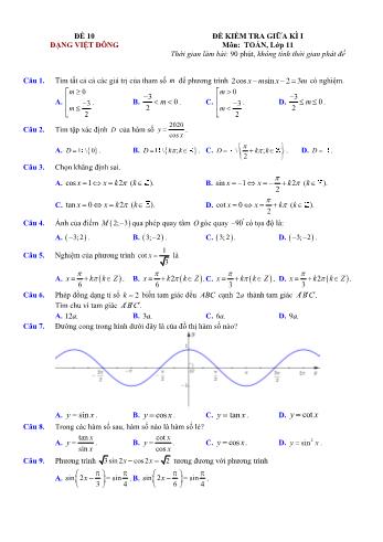 Đề kiểm tra giũa kì 1 môn Toán Lớp 11 - Đề 10 - Trường THPT Nho Quan A (Có lời giải chi tiết)