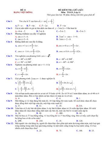 Đề kiểm tra giũa kì 1 môn Toán Lớp 11 - Đề 11 - Trường THPT Nho Quan A (Có lời giải chi tiết)