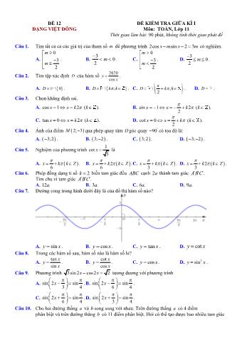 Đề kiểm tra giũa kì 1 môn Toán Lớp 11 - Đề 12 - Trường THPT Nho Quan A (Có lời giải chi tiết)