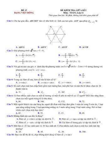 Đề kiểm tra giũa kì 1 môn Toán Lớp 11 - Đề 13 - Trường THPT Nho Quan A (Có lời giải chi tiết)