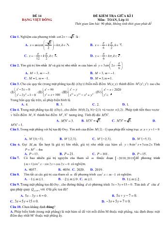 Đề kiểm tra giũa kì 1 môn Toán Lớp 11 - Đề 14 - Trường THPT Nho Quan A (Có lời giải chi tiết)