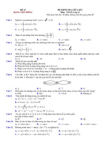 Đề kiểm tra giũa kì 1 môn Toán Lớp 11 - Đề 15 - Trường THPT Nho Quan A (Có lời giải chi tiết)