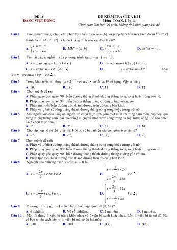 Đề kiểm tra giũa kì 1 môn Toán Lớp 11 - Đề 16 - Trường THPT Nho Quan A (Có lời giải chi tiết)