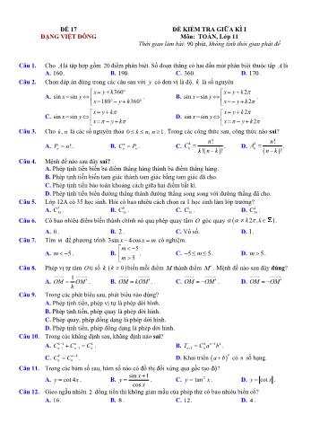 Đề kiểm tra giũa kì 1 môn Toán Lớp 11 - Đề 17 - Trường THPT Nho Quan A (Có lời giải chi tiết)