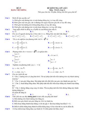 Đề kiểm tra giũa kì 1 môn Toán Lớp 11 - Đề 19 - Trường THPT Nho Quan A (Có lời giải chi tiết)