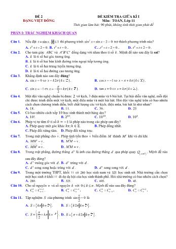 Đề kiểm tra giũa kì 1 môn Toán Lớp 11 - Đề 2 - Trường THPT Nho Quan A (Có lời giải chi tiết)