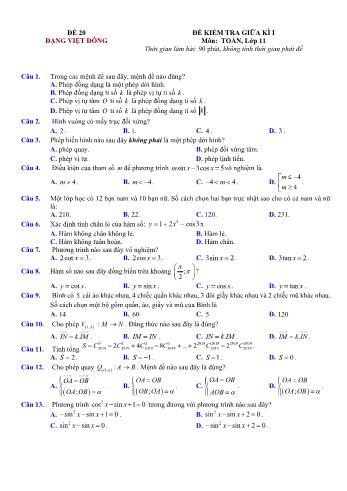 Đề kiểm tra giũa kì 1 môn Toán Lớp 11 - Đề 20 - Trường THPT Nho Quan A (Có lời giải chi tiết)