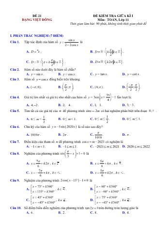 Đề kiểm tra giũa kì 1 môn Toán Lớp 11 - Đề 21 - Trường THPT Nho Quan A (Có lời giải chi tiết)