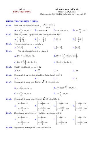 Đề kiểm tra giũa kì 1 môn Toán Lớp 11 - Đề 22 - Trường THPT Nho Quan A (Có lời giải chi tiết)