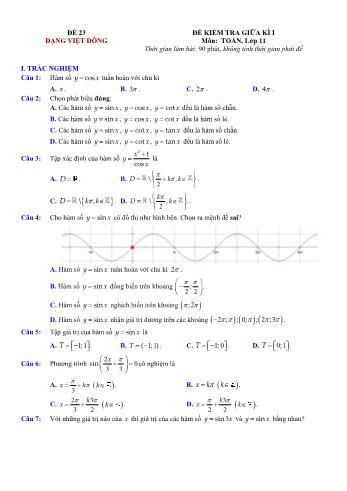Đề kiểm tra giũa kì 1 môn Toán Lớp 11 - Đề 23 - Trường THPT Nho Quan A (Có lời giải chi tiết)