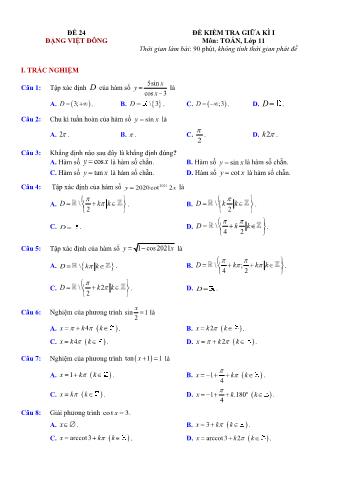 Đề kiểm tra giũa kì 1 môn Toán Lớp 11 - Đề 24 - Trường THPT Nho Quan A (Có lời giải chi tiết)