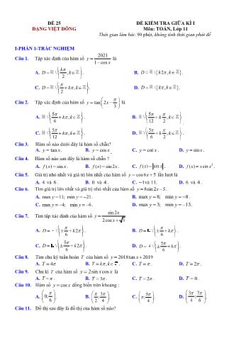 Đề kiểm tra giũa kì 1 môn Toán Lớp 11 - Đề 25 - Trường THPT Nho Quan A (Có lời giải chi tiết)